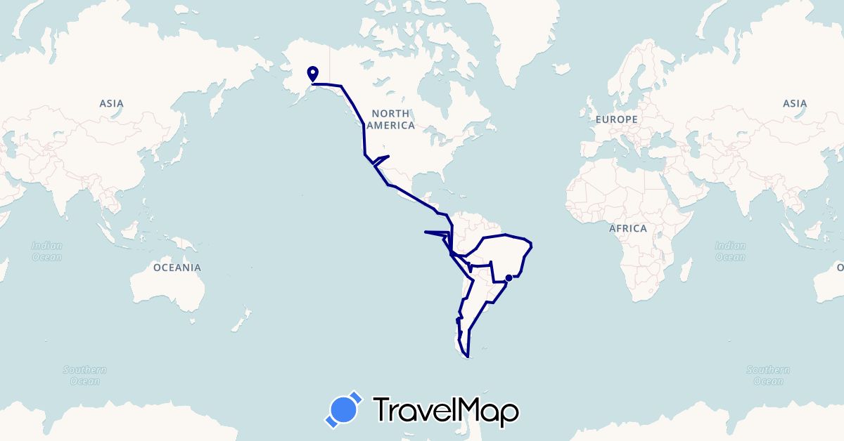 TravelMap itinerary: driving in Argentina, Bolivia, Brazil, Canada, Chile, Colombia, Costa Rica, Ecuador, Guatemala, Mexico, Nicaragua, Panama, Peru, United States, Uruguay (North America, South America)